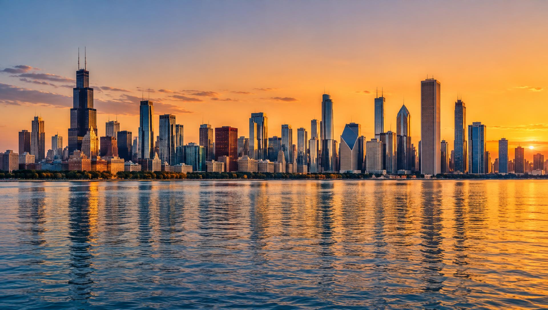 View of Chicago's skyline across Lake Michigan at sunset